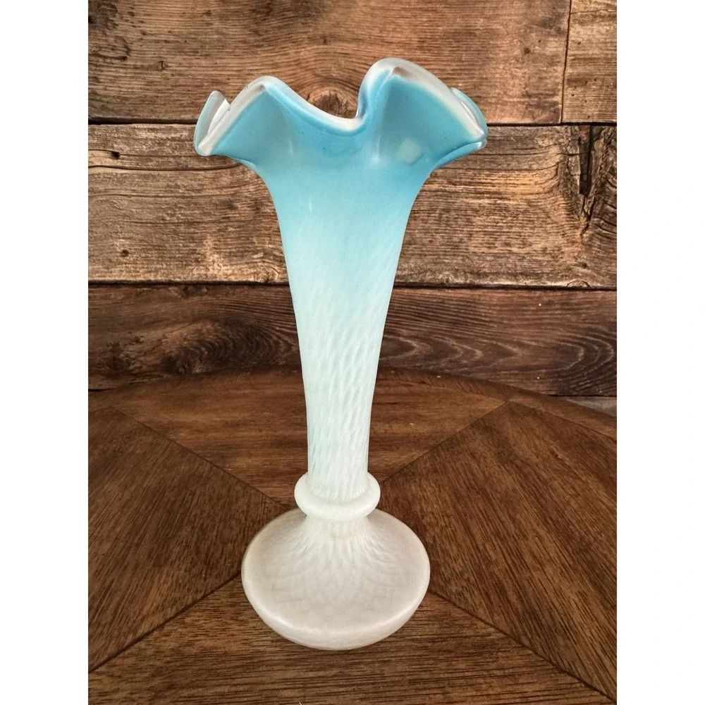 Antique Model Flint ALBANY GLASS Vase Blue Opalescent Flute Vase IDNIANA c.1900